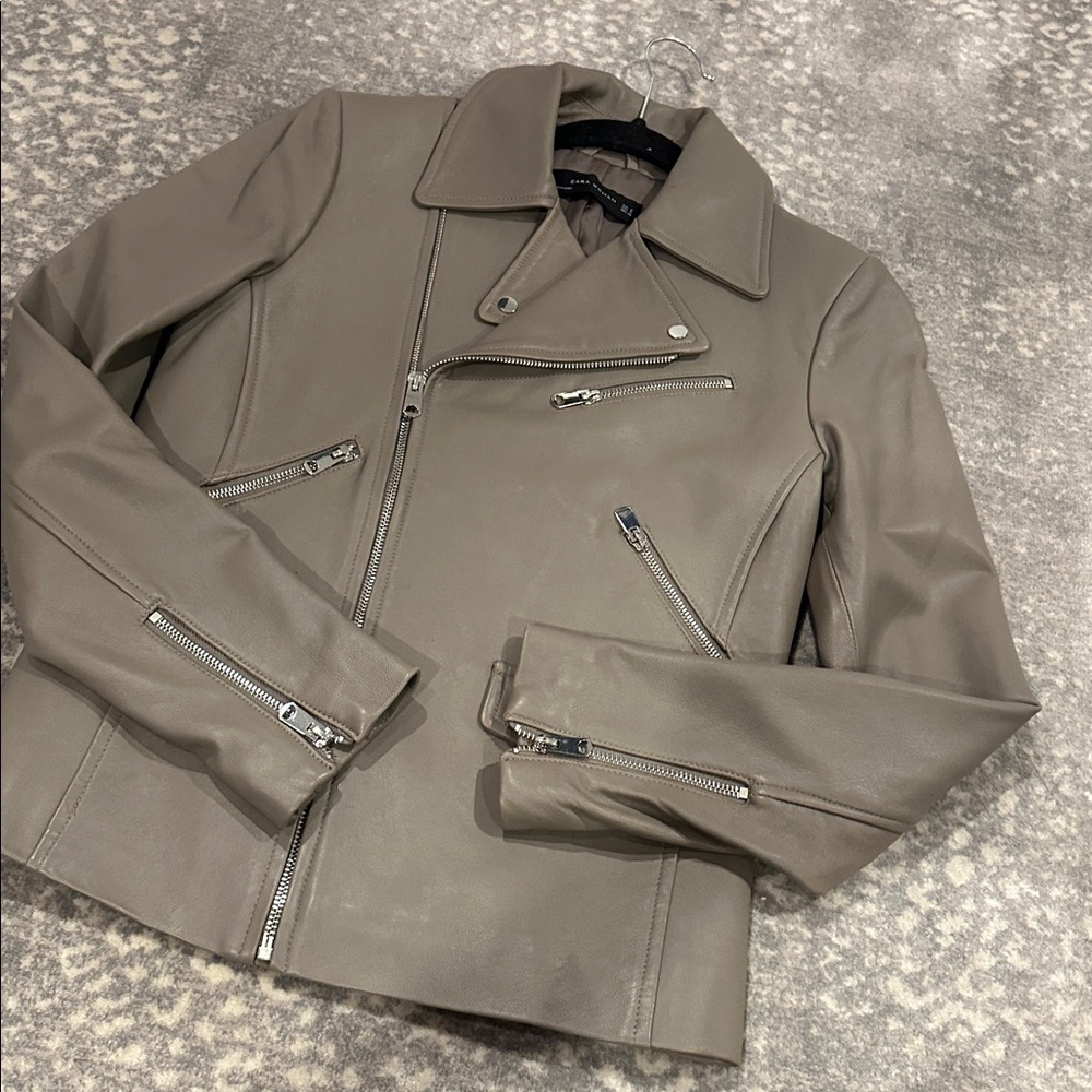 ZARA REAL LAMB LEATHER BOMBER JACKET WOMANS SIZE S TAUPE